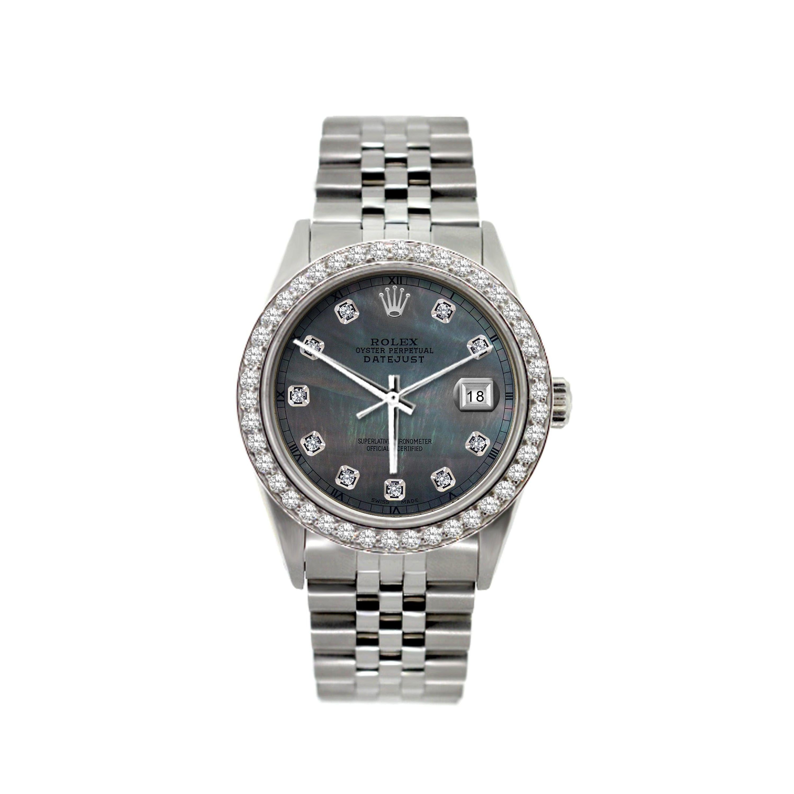 Rolex Datejust 36MM 16200 Black Mother of Pearl Diamond Dial Diamond Bezel Stainless Steel Jubilee Bracelet 1.2ct