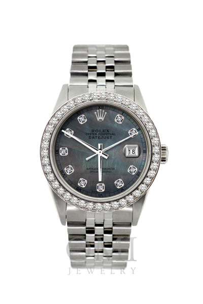 Rolex Datejust Diamond Watch, 36mm, Stainless Steel Black Mother of Pearl Dial w/ Diamond Bezel