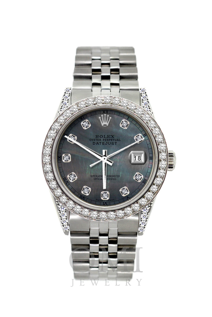 Rolex Datejust Diamond Watch, 36mm, Stainless Steel Black Mother of Pearl Dial w/ Diamond Bezel and Lugs