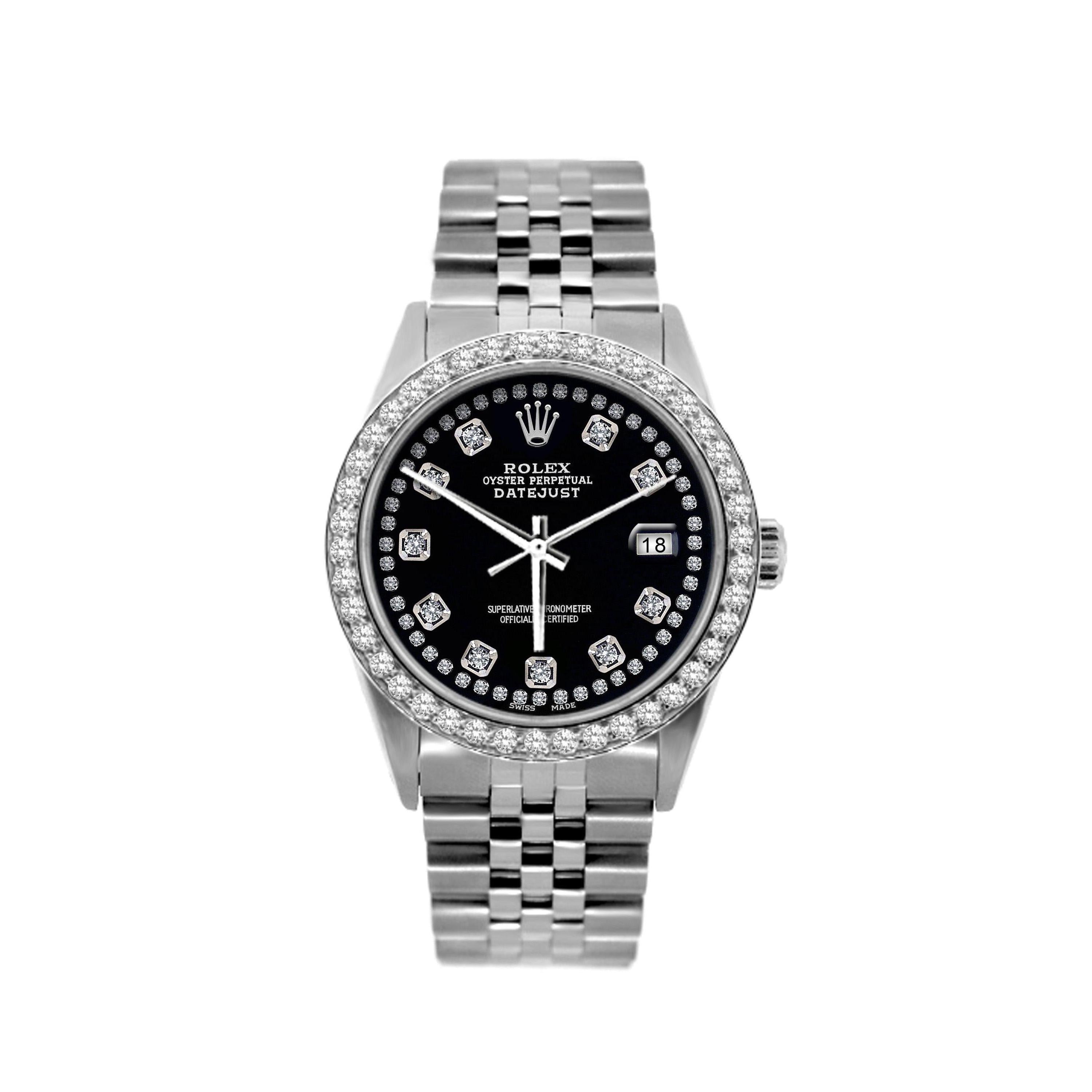 Rolex Datejust 36MM 16200 Black Diamond Dial Diamond Bezel Stainless Steel Jubilee Bracelet 1.2ct
