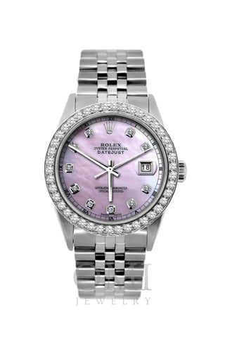 Rolex Datejust Diamond Watch, 36mm, Stainless Steel Pink Dial w/ Diamond Bezel