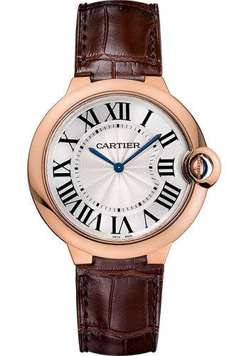 Cartier Ballon Bleu 40MM W6920083 Silver Roman Dial Rose Gold Bezel Brown Leather Strap