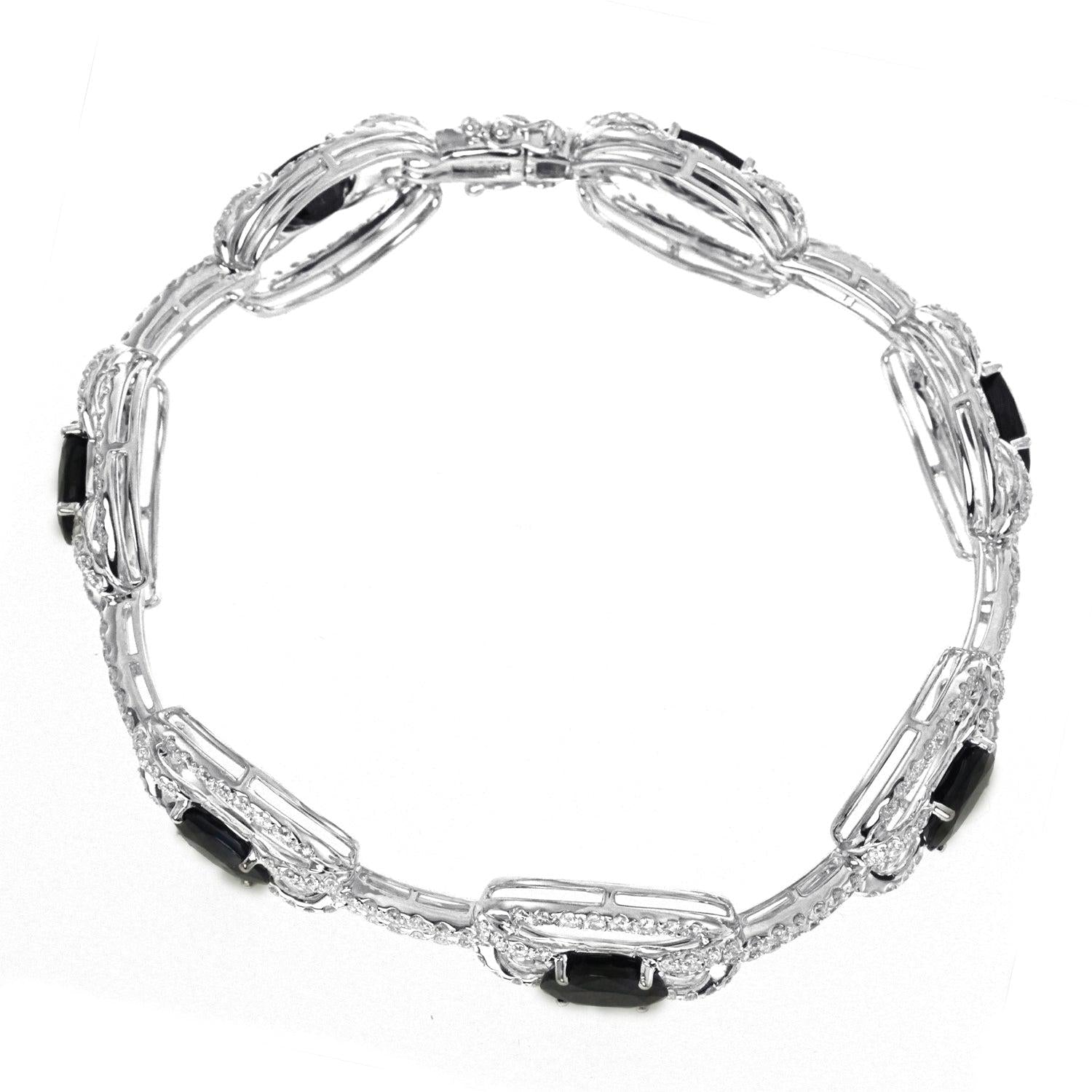 18K White Gold Diamond and Sapphire Gemstone Fancy Bangle With Round Cut Diamonds 6.02 CT And Sapphire Gemstone 16.89 CTW