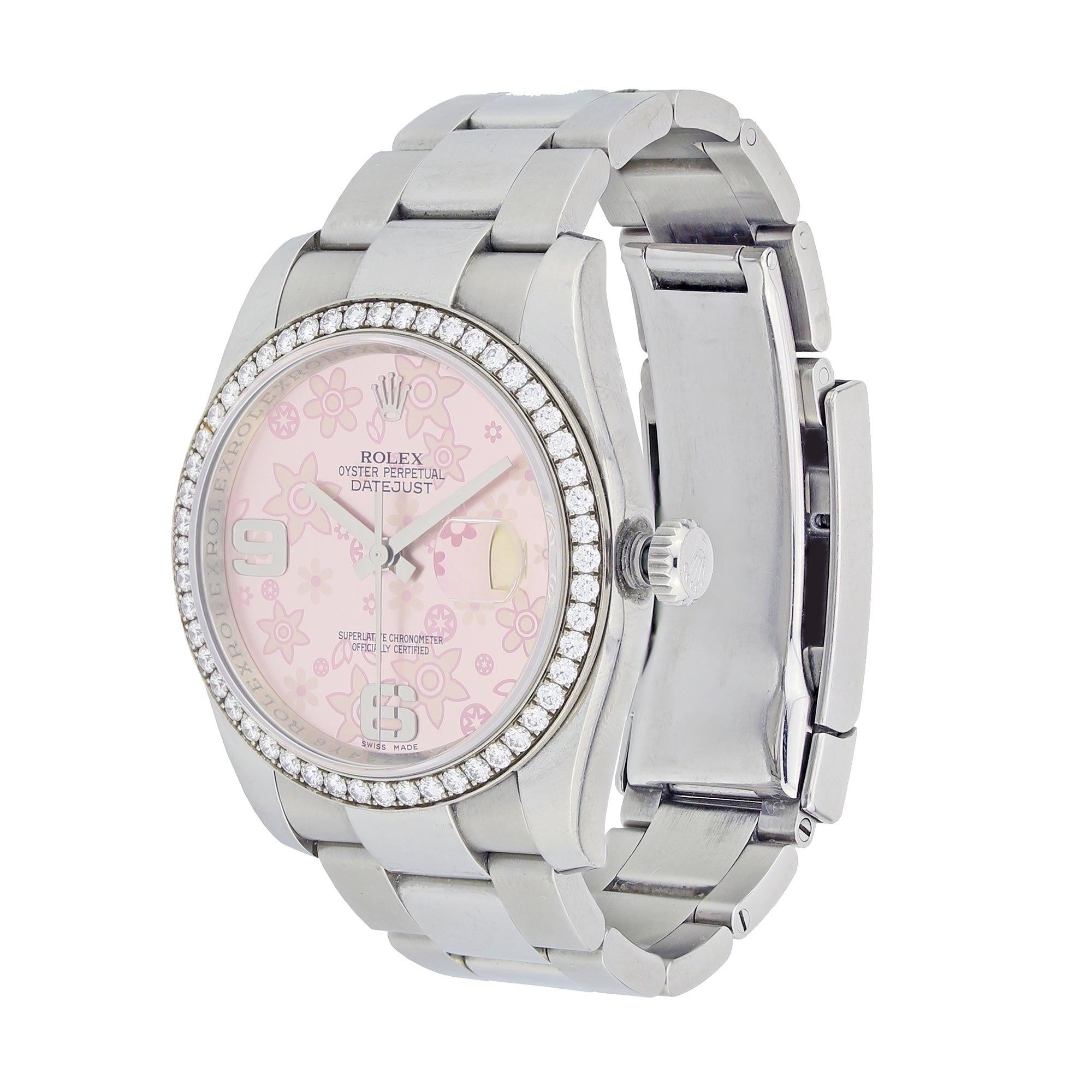 Rolex Datejust 36MM 116200 Pink Floral Dial Diamond Bezel Stainless Steel Oyster Bracelet