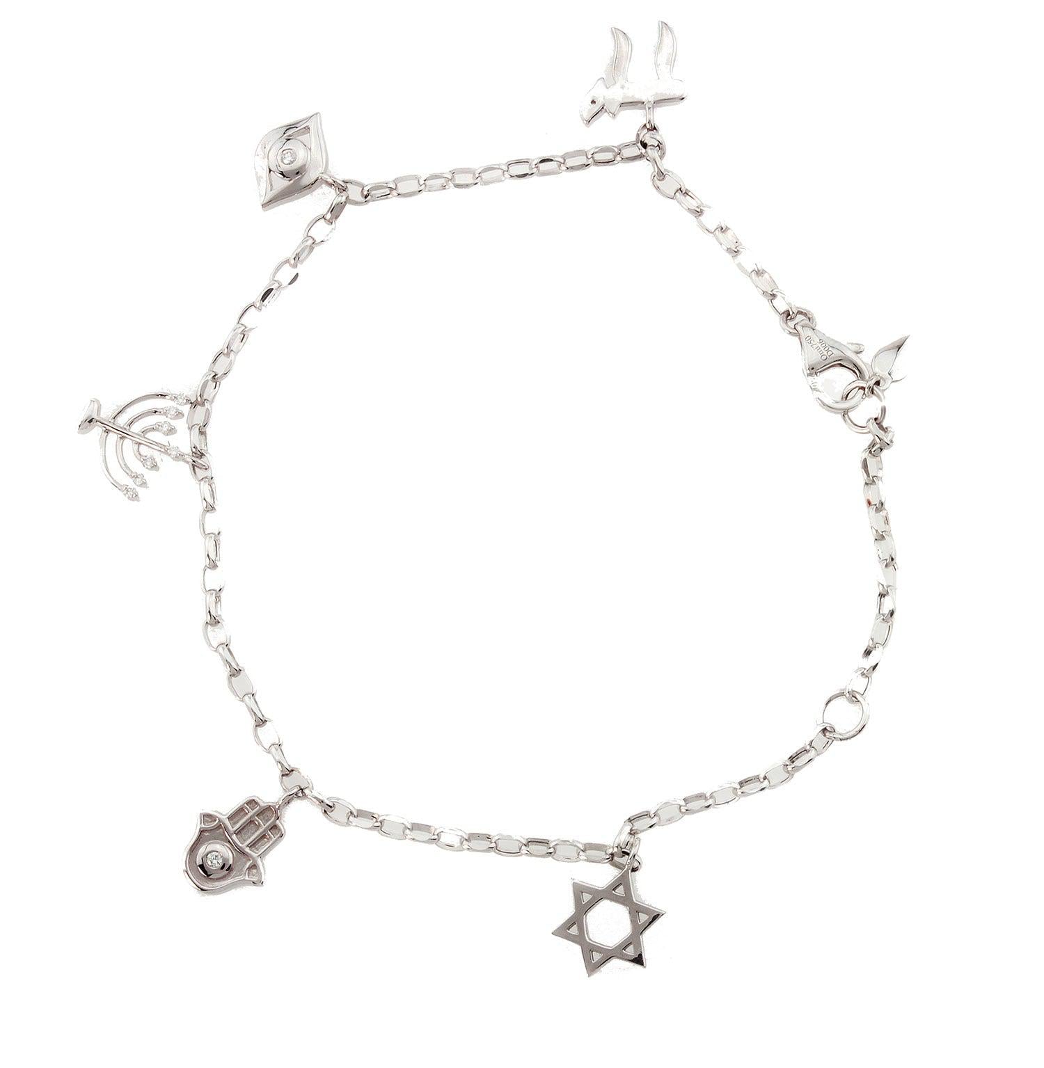18K White Gold Jewish Motifs Charm Bracelet 0.06 CT Diamonds