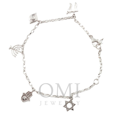 18K White Gold Jewish Motifs Charm Bracelet 0.06 CT Diamonds