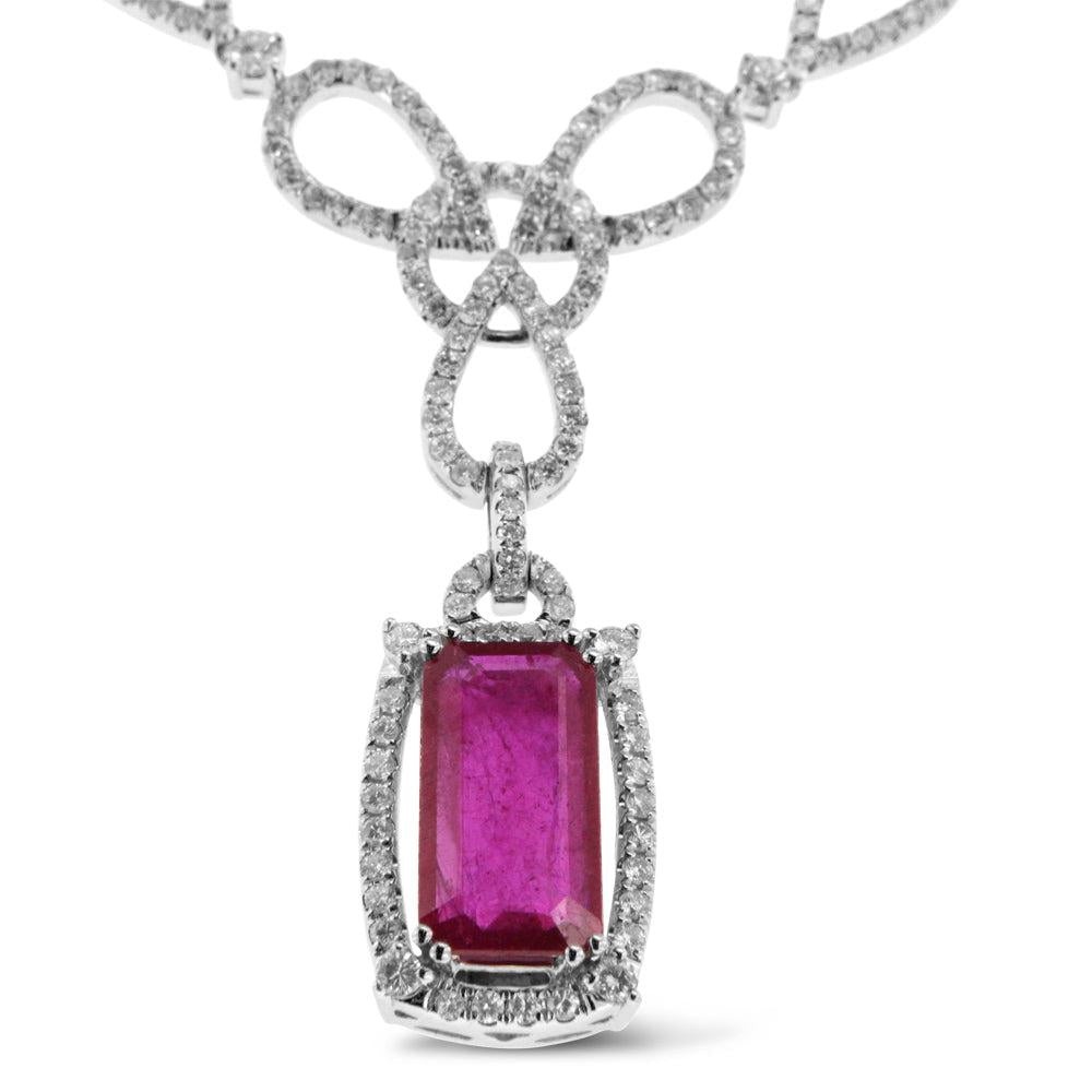18K White Gold And 5CT Ruby Pendant with Round Cut Diamonds 2.00CT