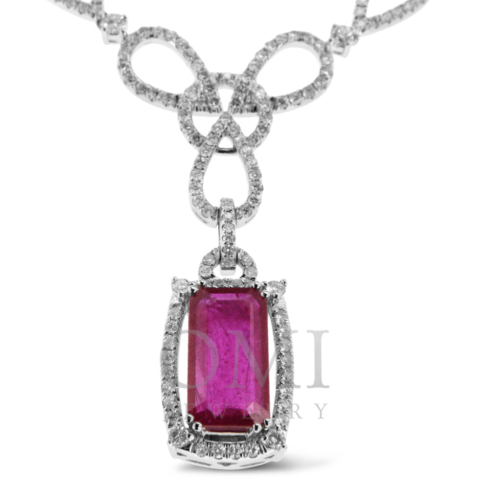 18K White Gold And 5CT Ruby Pendant with Round Cut Diamonds 2.00CT