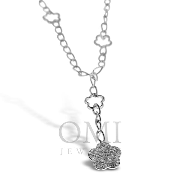 18K White Gold Necklace with Floral Diamond Pendant And Round Cut Diamonds 1.50CT