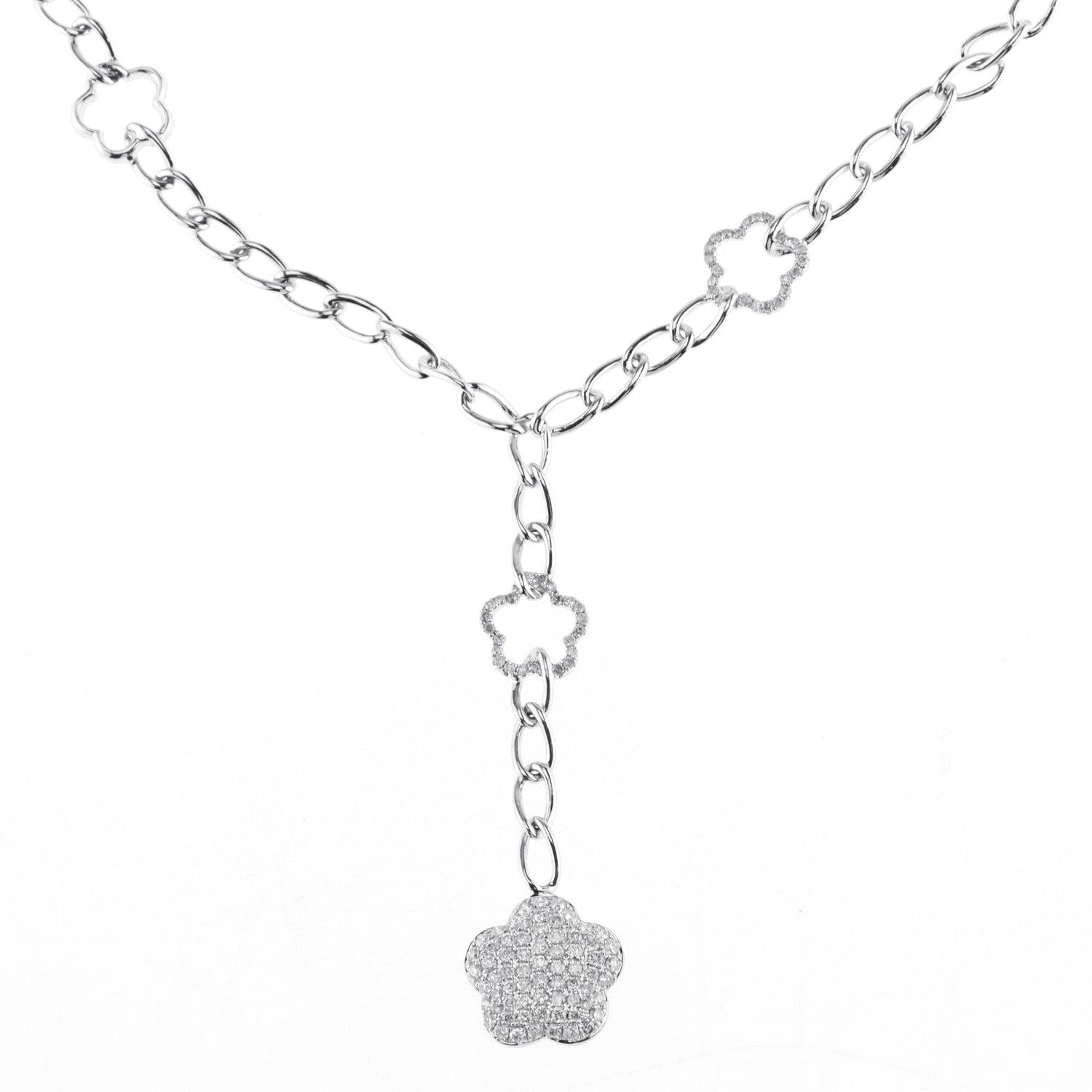 18K White Gold Diamond Flower Chain With Round Cut Diamonds 1.48CT