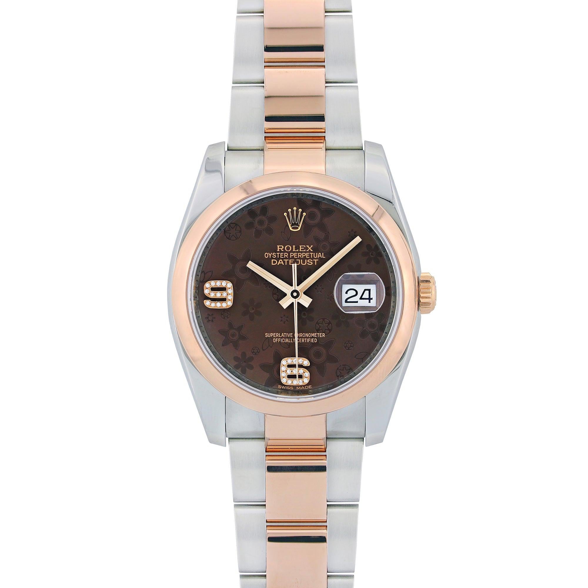 Rolex Datejust 36MM 116201 Brown Floral Arabic Dial Rose Gold Smooth Bezel Two Tone Oyster Bracelet