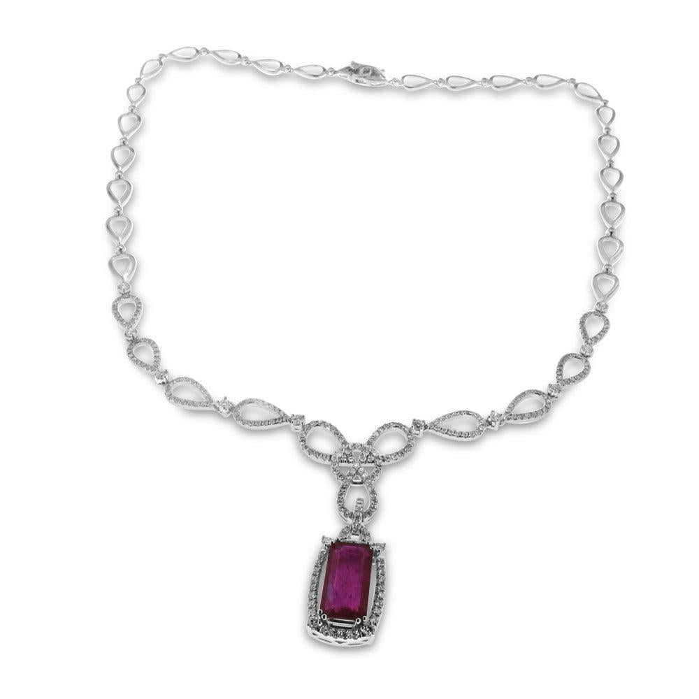 18K White Gold And 5CT Ruby Pendant with Round Cut Diamonds 2.00CT
