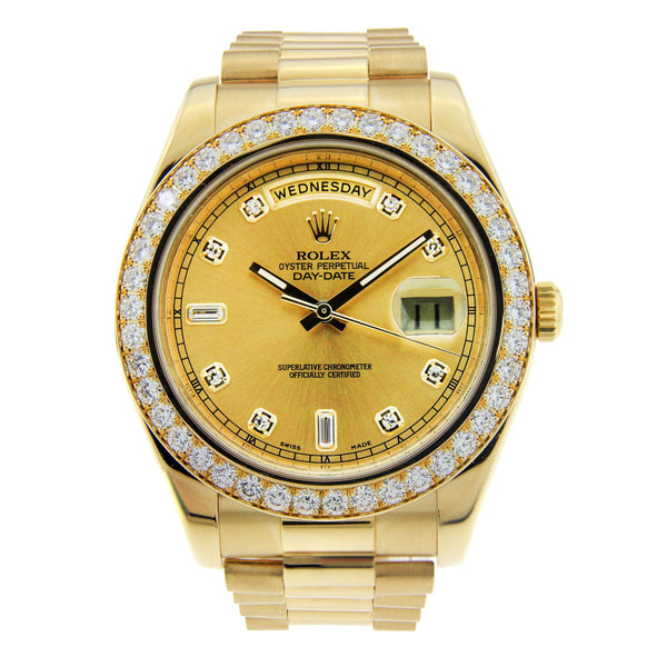 18K Yellow Gold Rolex Diamond Watch Day Date II 41mm Champagne