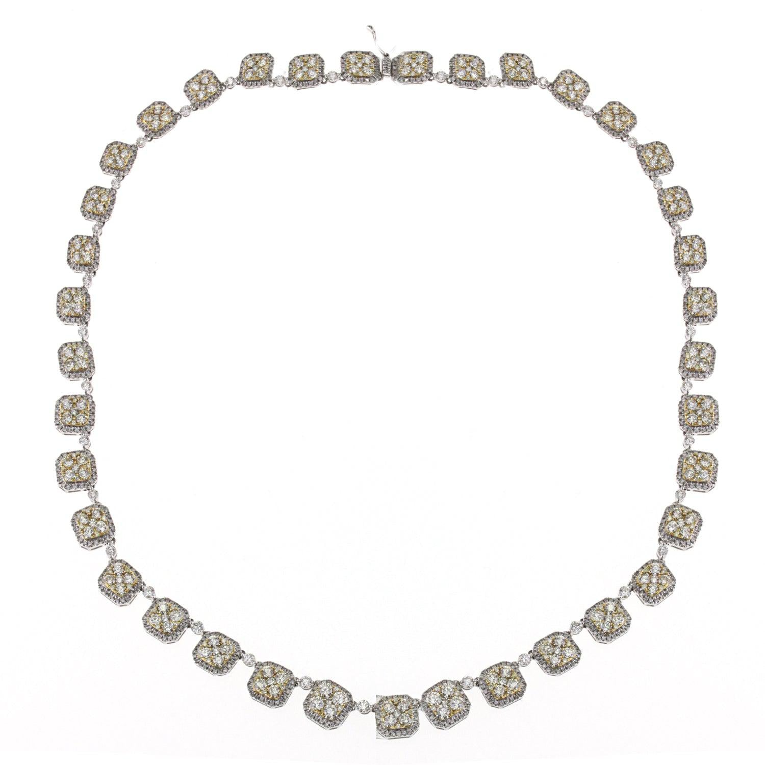 18K White Gold Fancy Necklace With White And Yellow Round Cut Diamonds Total 14.76CT