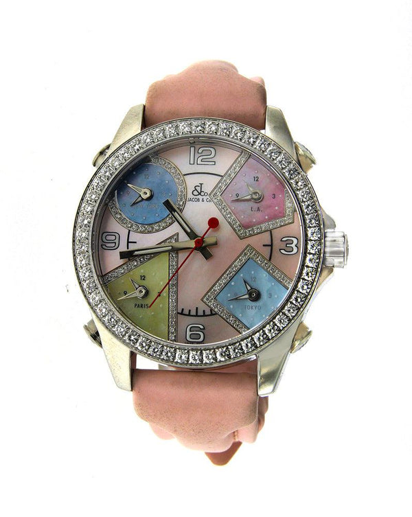 Ladies Pink Jacob Co 5 Time Zones Watch with Original Factory