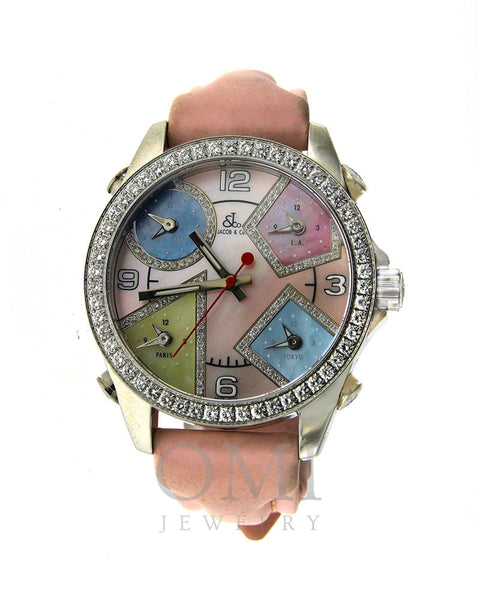 Pink Jacob & Co 5 Time Zones Watch with Original Factory Diamonds