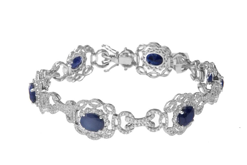 18K White Gold Blue Sapphire Gemstone Bracelet With 5.00 CT Round Diamonds 14.54 CTW