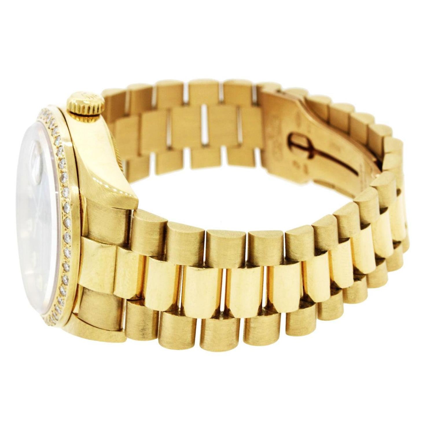 Rolex Day-Date 36MM 18038 Black Mother of Pearl Diamond Dial Diamond Bezel 18K Yellow Gold President Bracelet 1.75ct