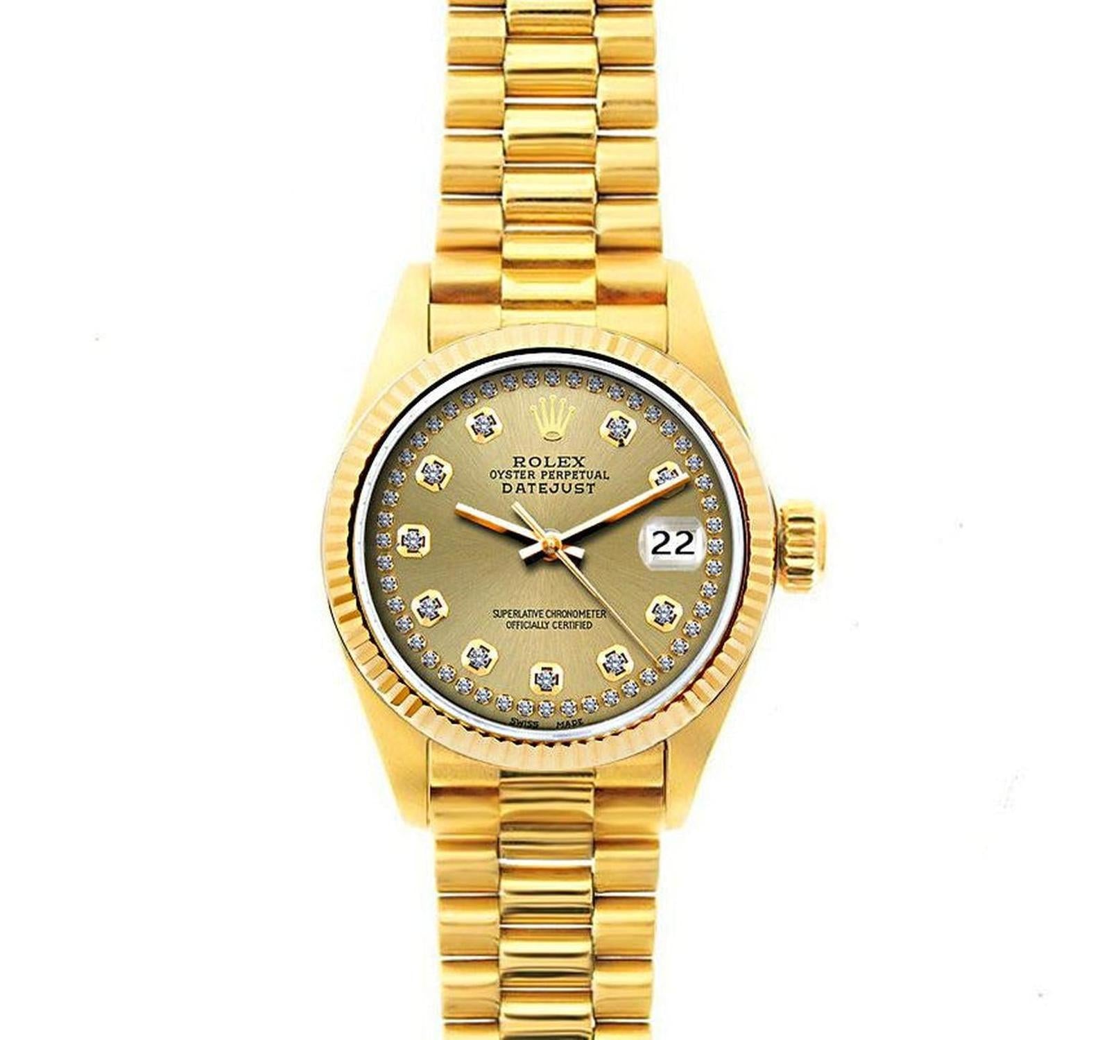 Rolex Datejust 26MM 69178 Champagne Diamond Dial Yellow Gold Fluted Bezel 18K Yellow Gold President Bracelet