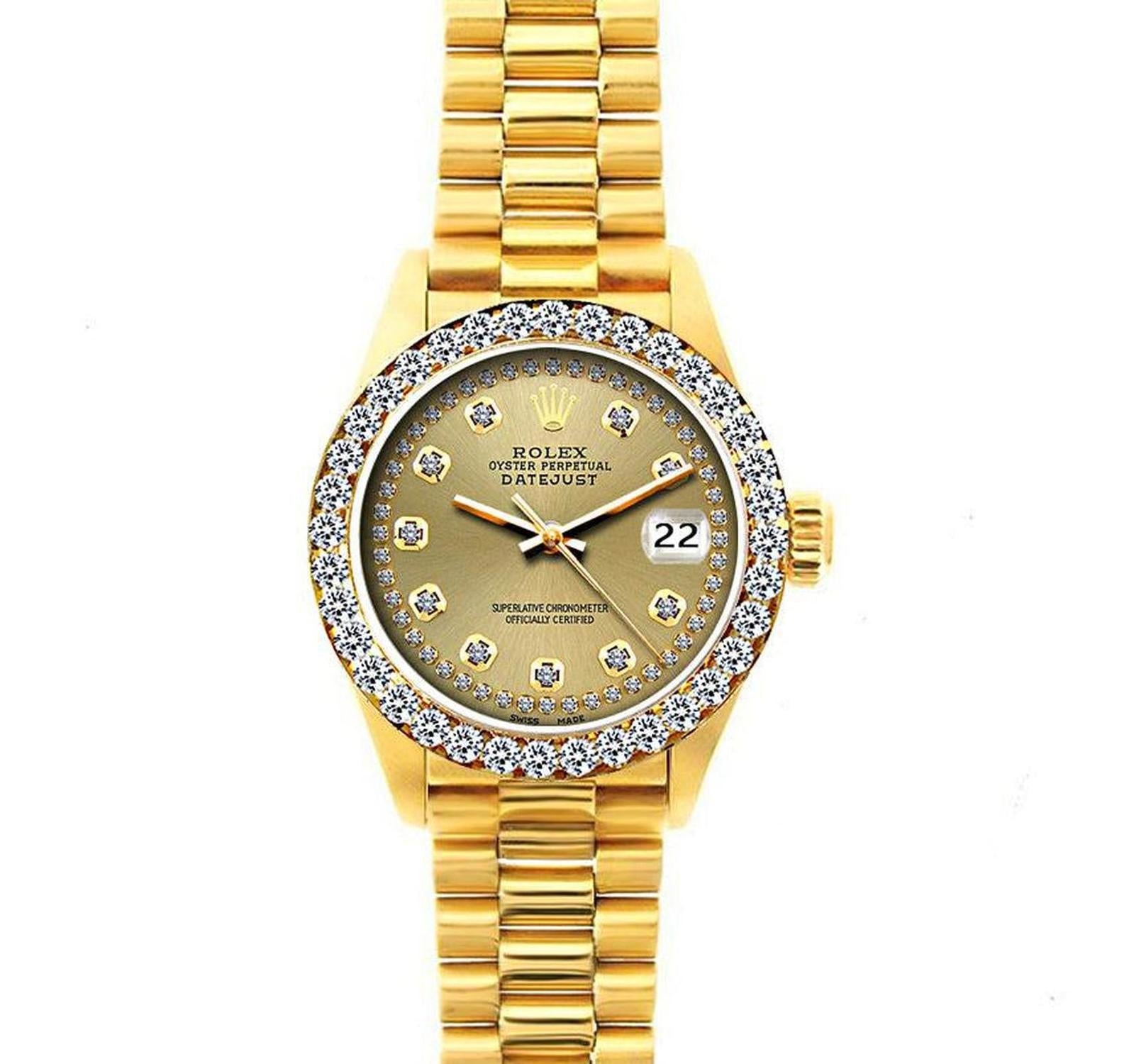 Rolex Datejust 26MM 69178 Champagne Diamond Dial Diamond Bezel 18K Yellow Gold President Bracelet 1.2ct