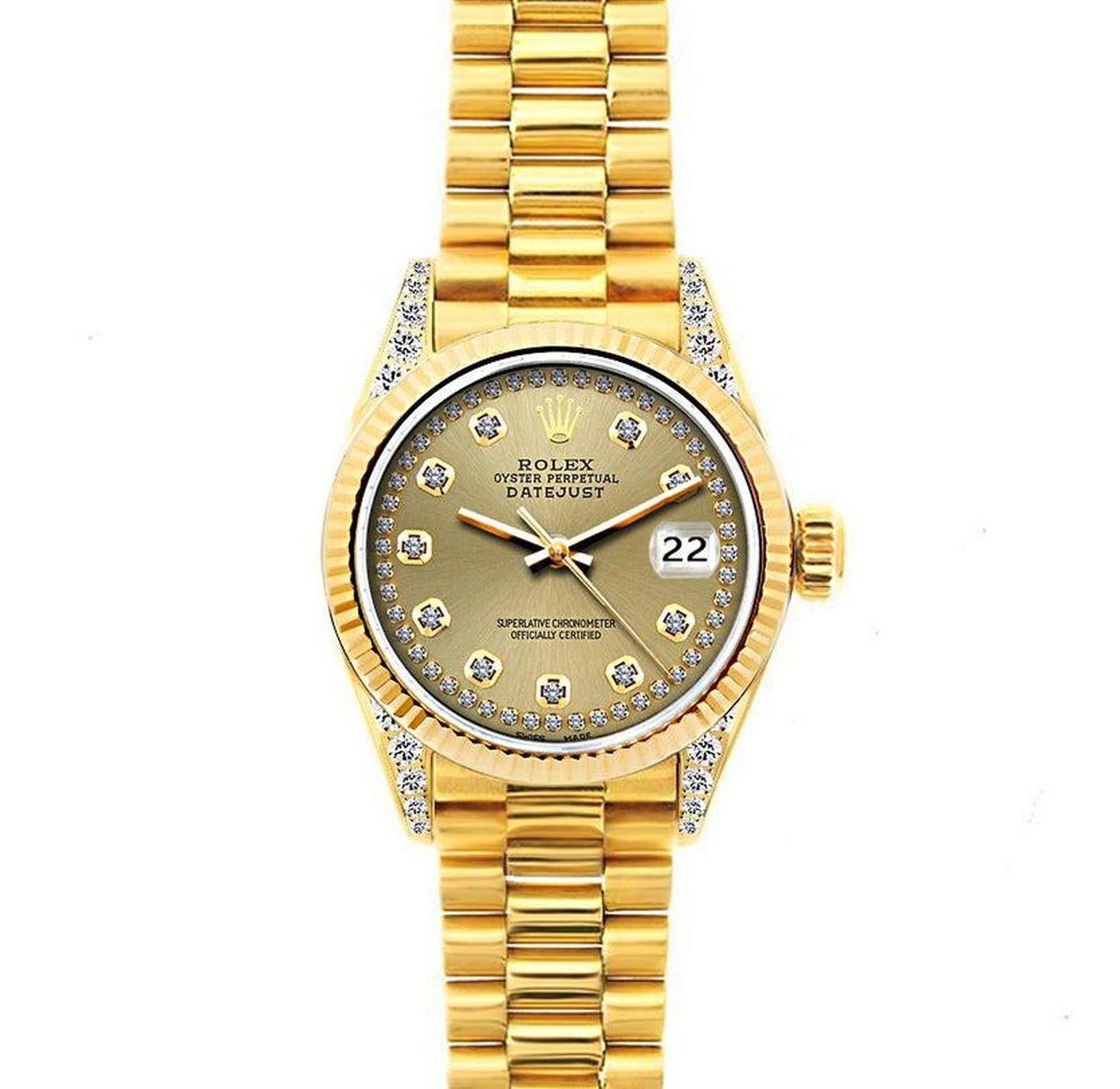 Rolex Datejust 26MM 69178 Champagne Diamond Dial Yellow Gold Fluted Bezel 18K Yellow Gold President Bracelet