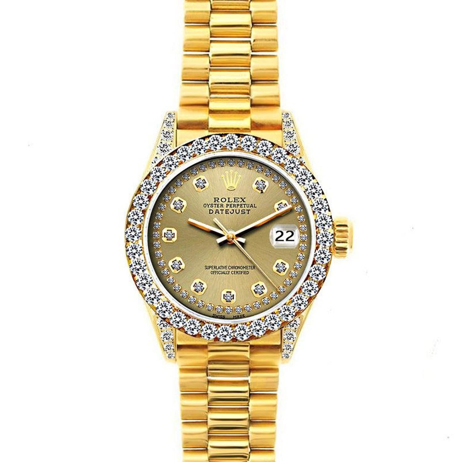 Rolex Datejust 26MM 69178 Champagne Diamond Dial Diamond Bezel 18K Yellow Gold President Bracelet 1.2ct