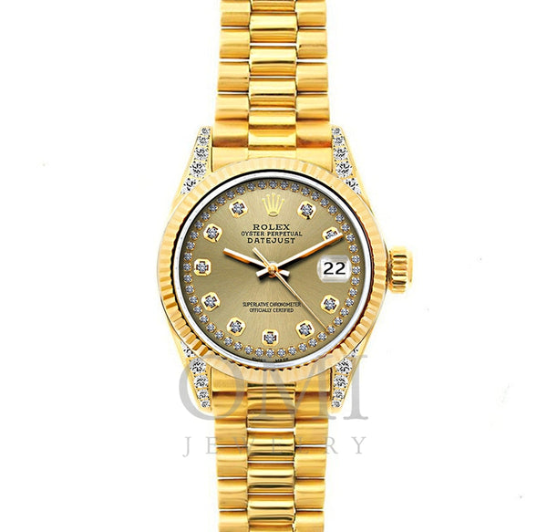 18k Yellow Gold Rolex Datejust Diamond Watch, 26mm, President Bracelet Champagne Dial w/ Diamond Lugs