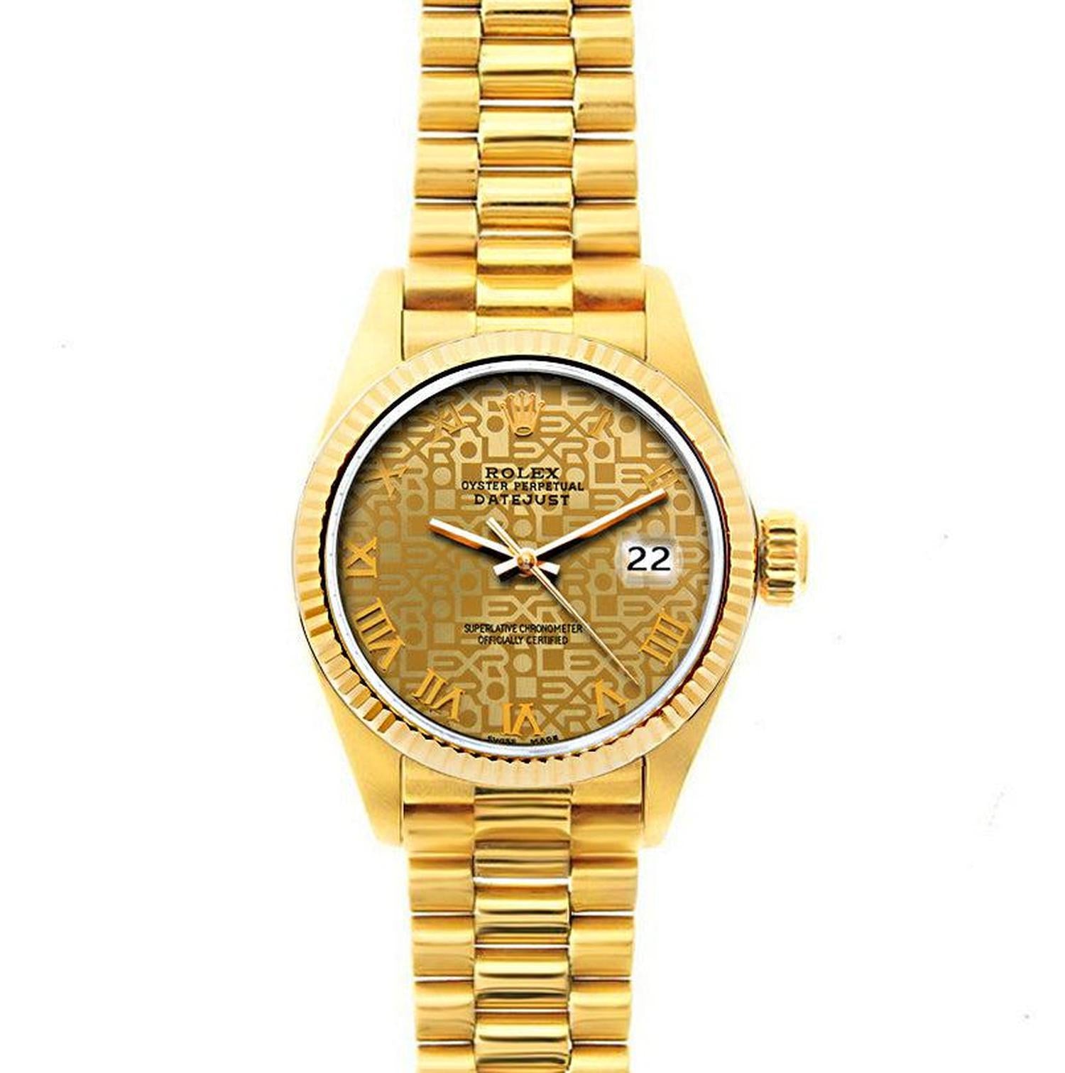 Rolex Datejust 26MM 69178 Champagne Pattern Roman Dial Yellow Gold Fluted Bezel 18K Yellow Gold President Bracelet