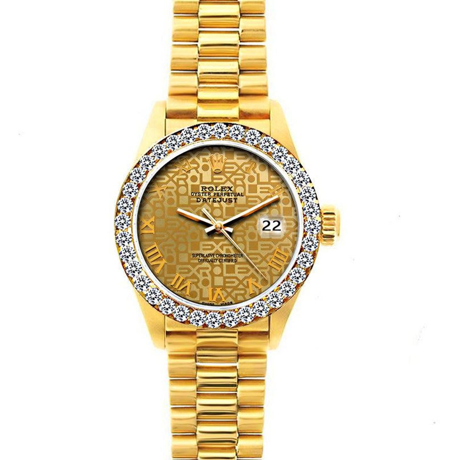 Rolex Datejust 26MM 69178 Champagne Pattern Roman Dial Diamond Bezel 18K Yellow Gold President Bracelet 1.2ct