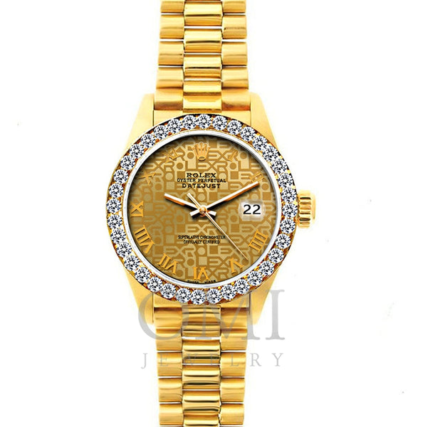 18k Yellow Gold Rolex Datejust Diamond Watch, 26mm, President Bracelet Champagne Dial w/ Diamond Bezel