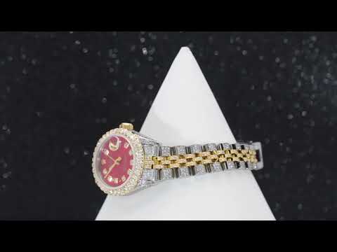 Rolex Datejust 26MM 6917 Red Diamond Dial Diamond Bezel Two Tone Yellow Gold Full Diamond Jubilee Bracelet