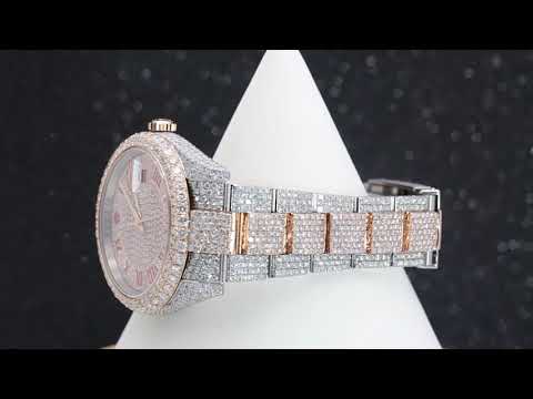 Rolex Datejust 41MM 126331 Diamond Paved Red Roman Dial Diamond Bezel Two Tone Rose Gold Full Diamond Oyster Bracelet