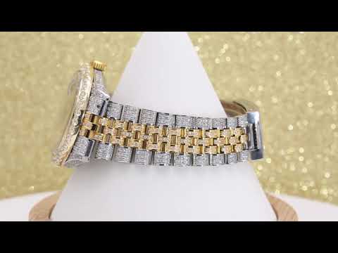 Rolex Datejust 36MM 1601 Black Mother of Pearl Roman Diamond Dial Diamond Bezel Two Tone Yellow Gold Full Diamond Jubilee Bracelet 8.25ct