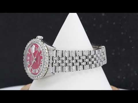 Rolex Datejust 36MM 1601 Red Roman Diamond Dial Diamond Bezel Stainless Steel Full Diamond Jubilee Bracelet 7.75ct