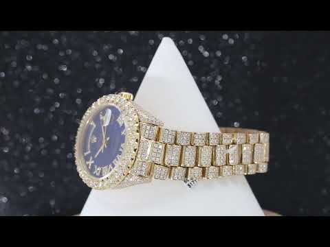 Rolex Day-Date 36MM 18038 Blue Roman Diamond Dial Diamond Bezel 18K Yellow Gold Full Diamond President Bracelet 15.75ct