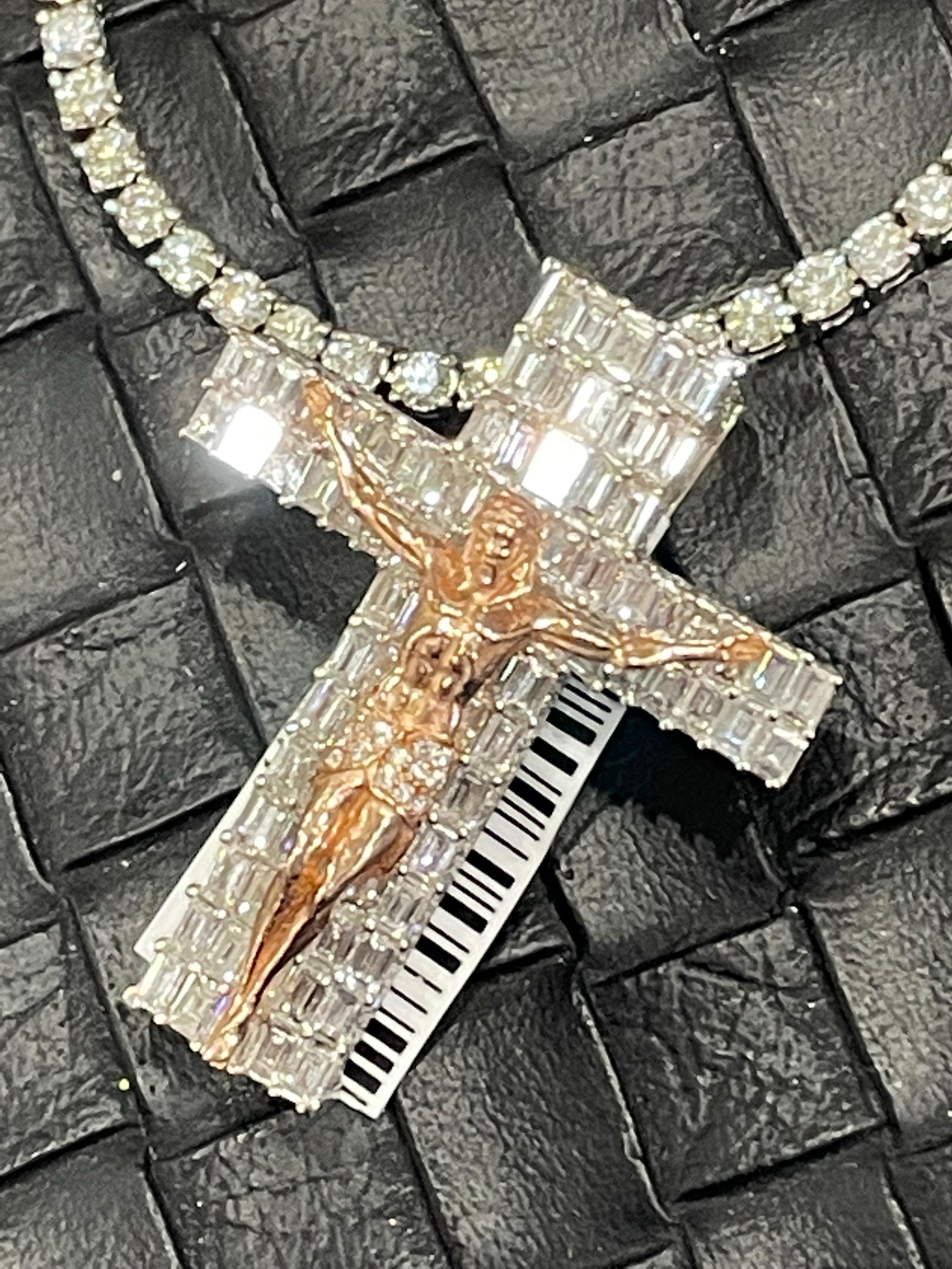 14k white gold diamond chain 22 inch 10 ct diamonds ,diamond cross pendant 3.7ct diamonds