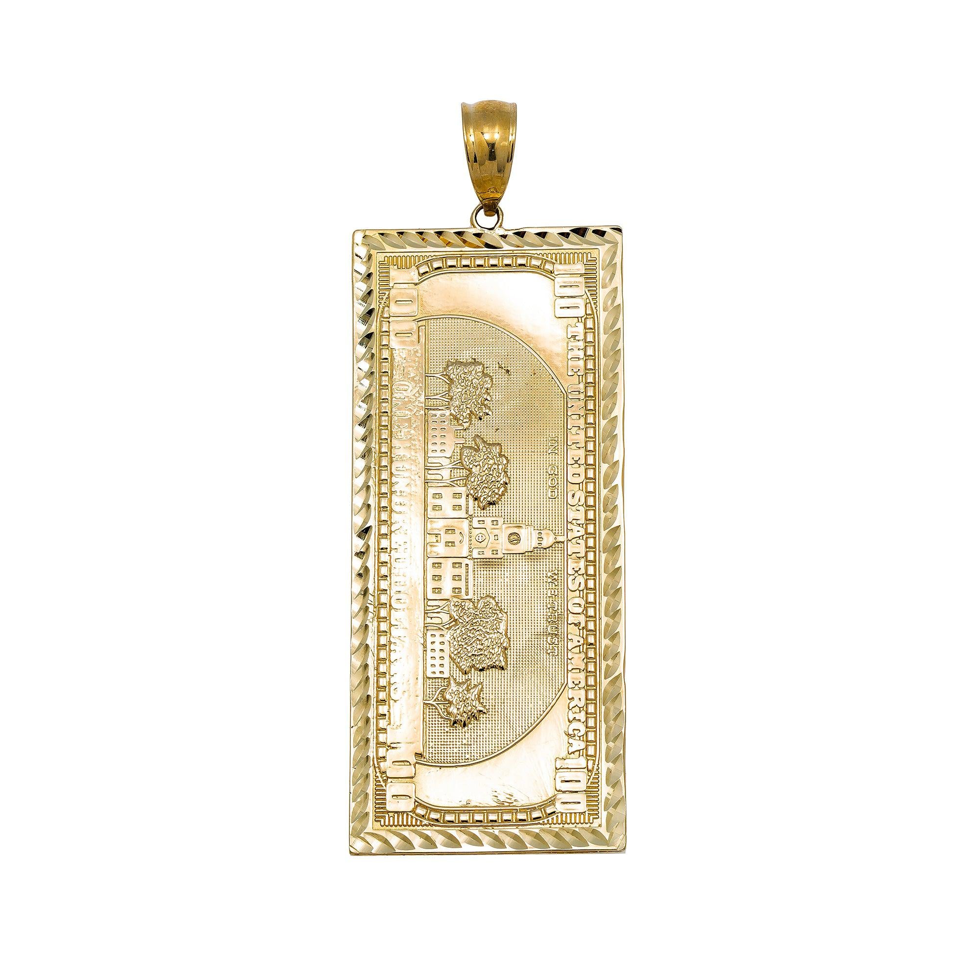 10K GOLD 100 DOLLAR BILL PENDANT 1.6"