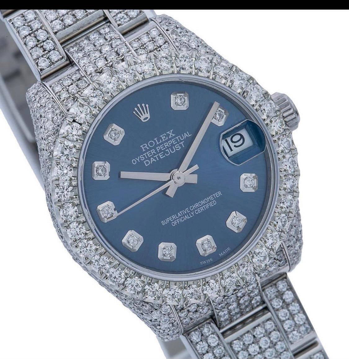 Stainless steel blue diamond dial 36mm full diamonds oyster band