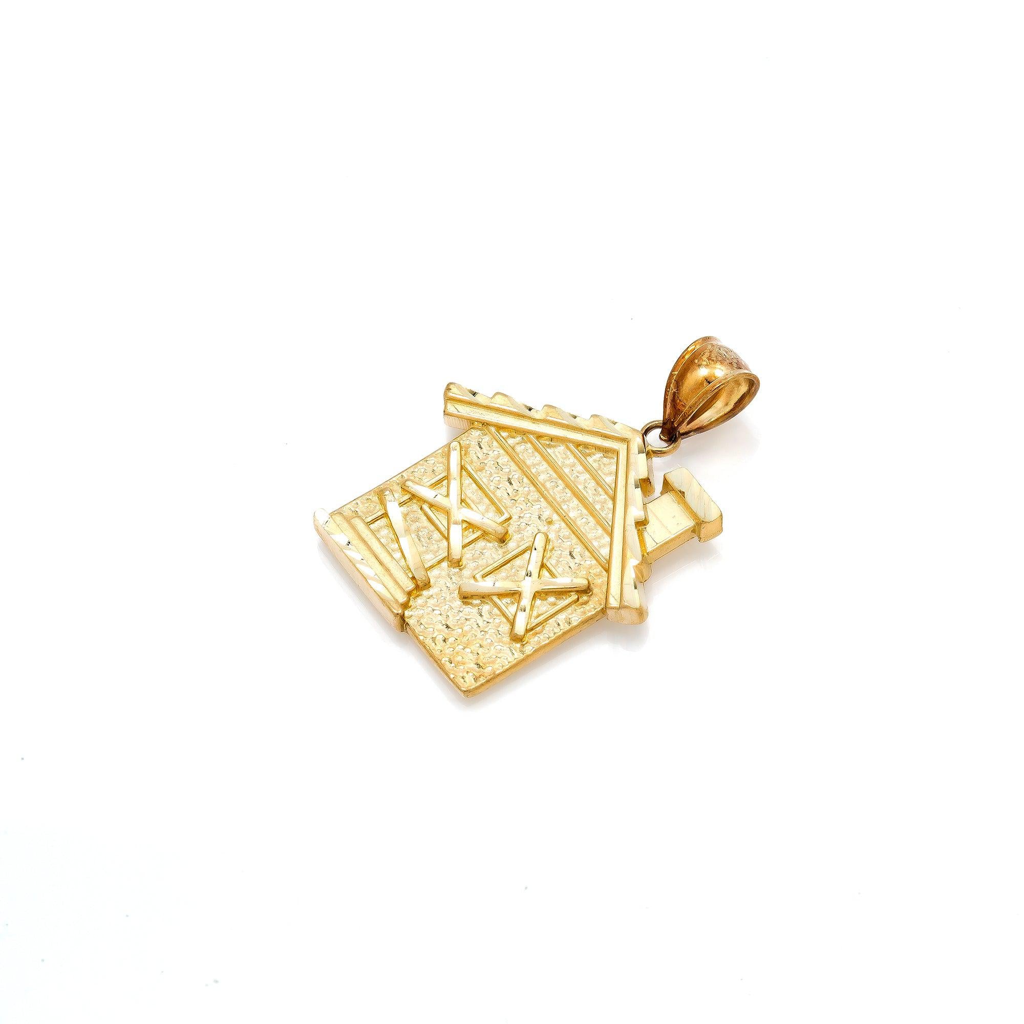 10K GOLD SQUARE TRAP HOUSE PENDANT 1.3"