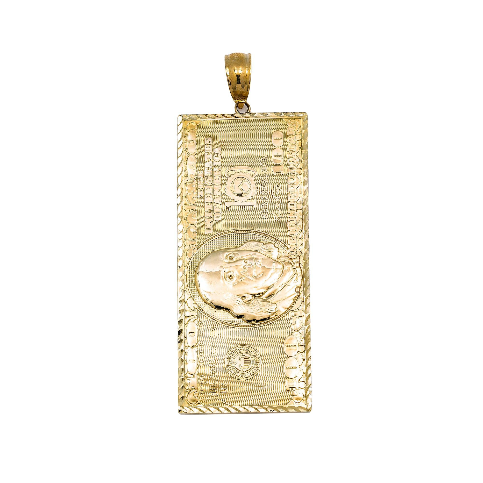 10K GOLD 100 DOLLAR BILL PENDANT 1.6"