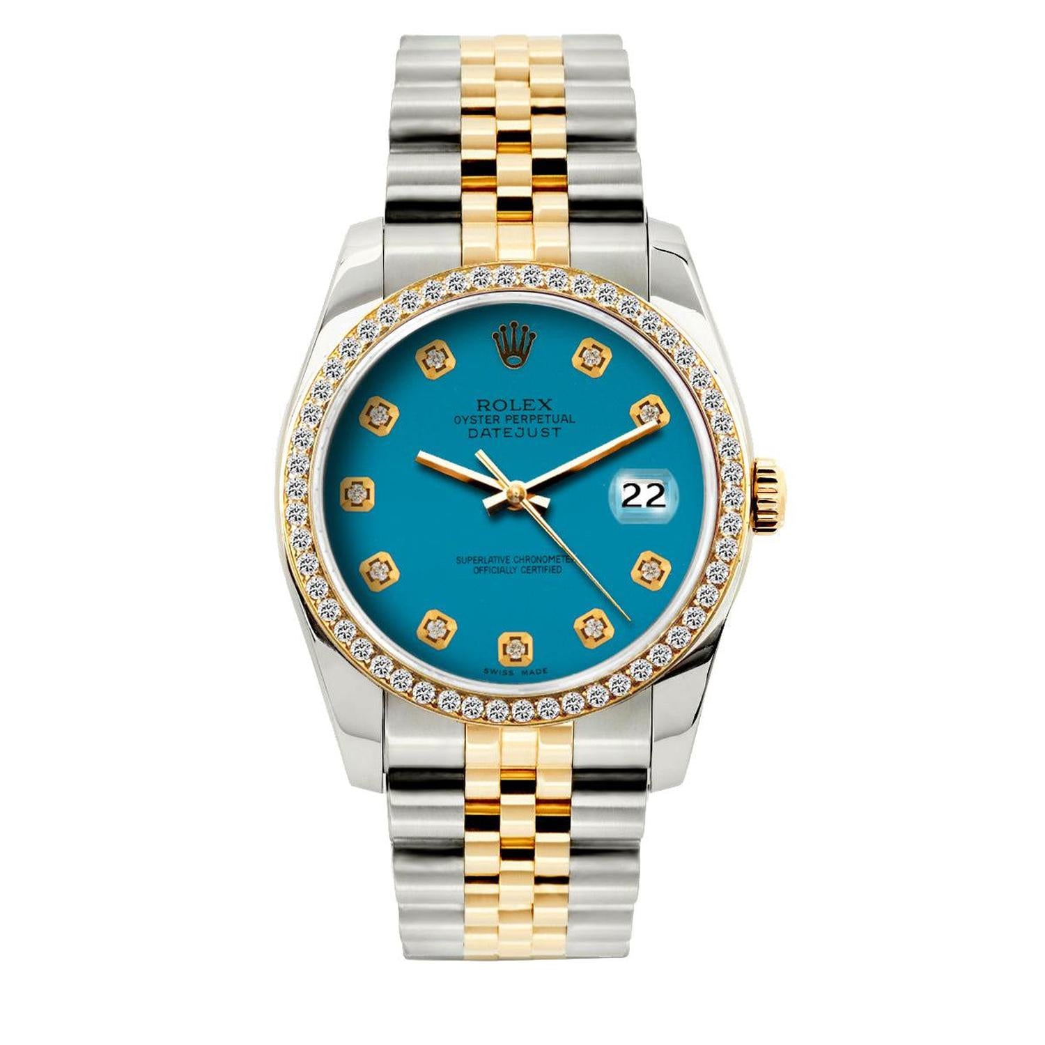 Rolex Datejust 36MM 16233 Blue Diamond Dial Diamond Bezel Two Tone Jubilee Bracelet 1.2ct
