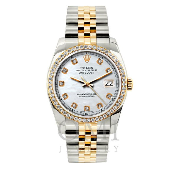 Rolex Datejust Diamond Watch, 36mm, Yellow Gold and Stainless Steel Bracelet Platinum White Dial w/ Diamond Bezel