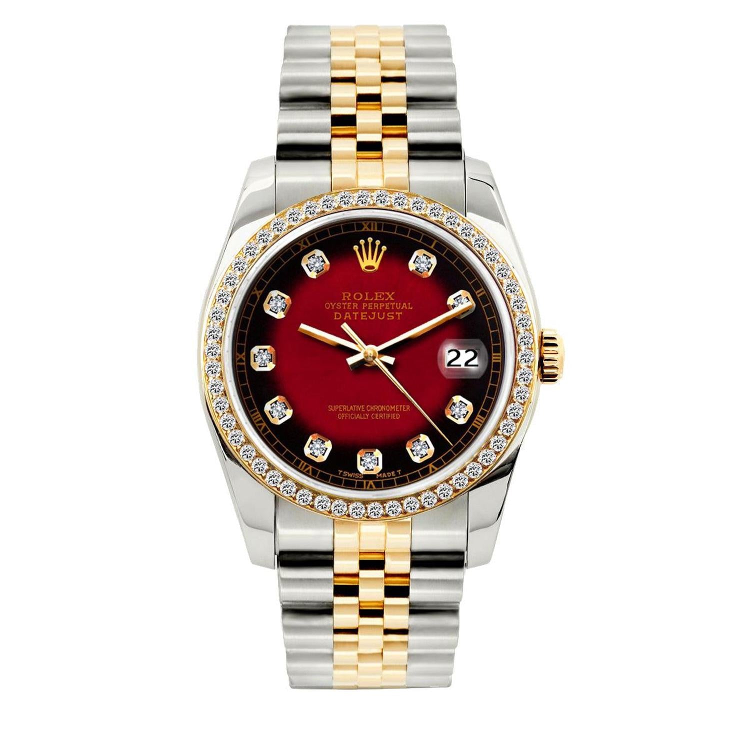 Rolex Datejust 36MM 16233 Red Diamond Dial Diamond Bezel Two Tone Jubilee Bracelet 1.2ct