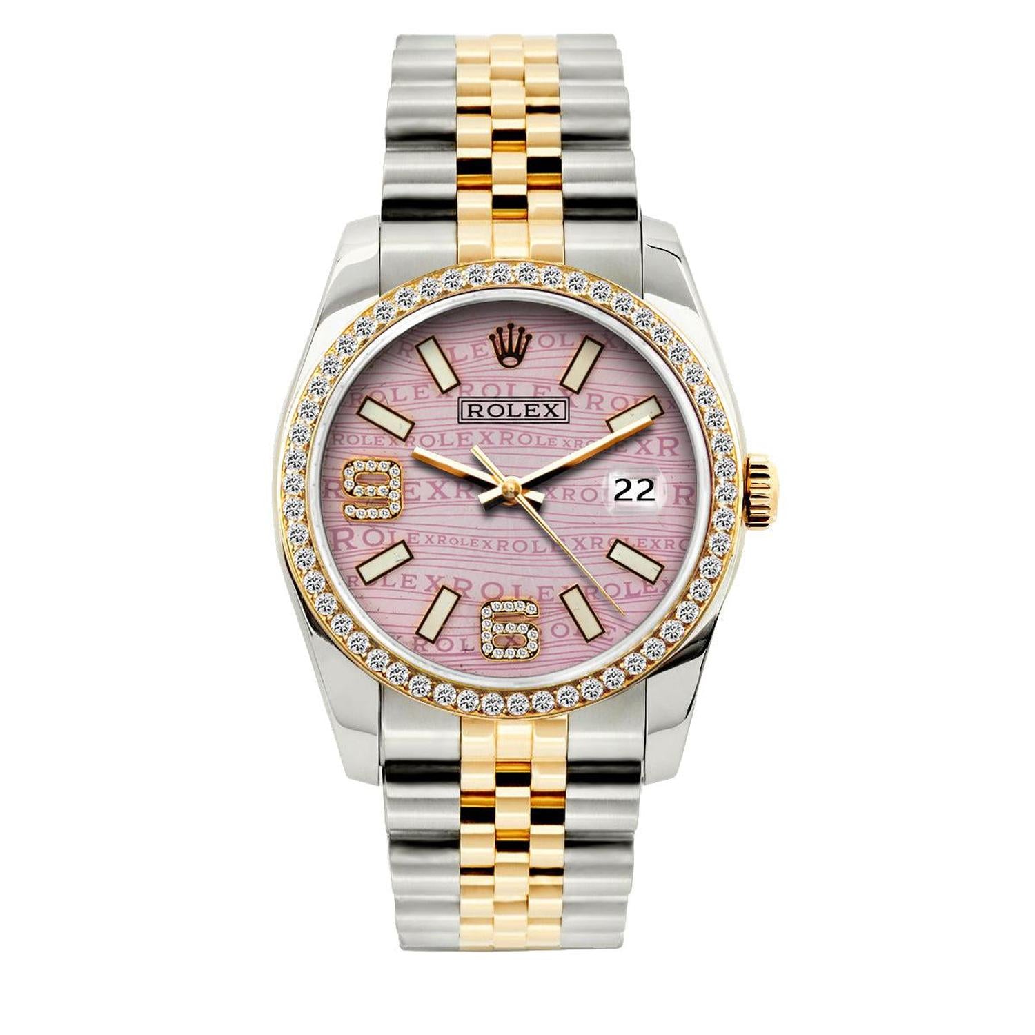 Rolex Datejust 36MM 16233 Pink Wave Arabic Dial Diamond Bezel Two Tone Jubilee Bracelet 1.2ct