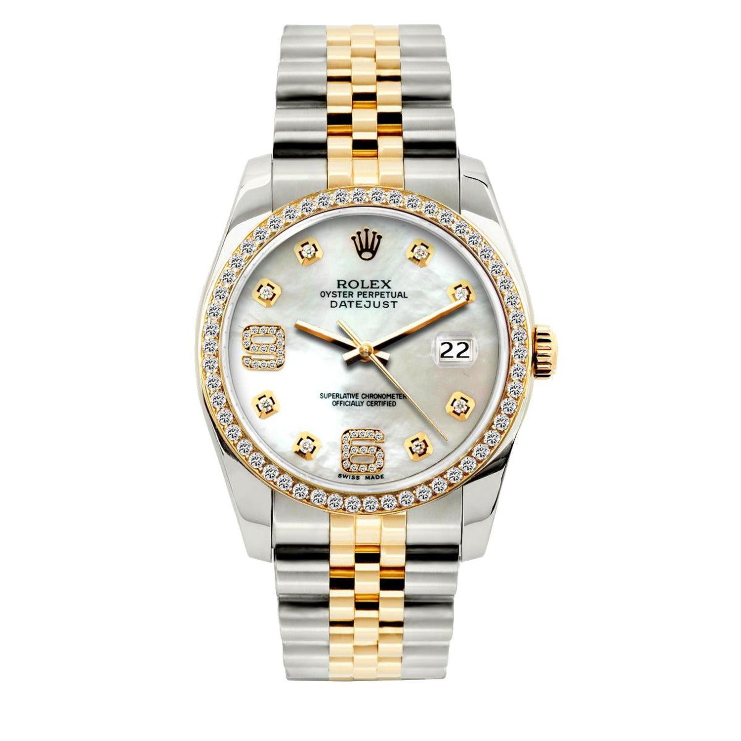 Rolex Datejust 36MM 16233 Mother of Pearl Arabic Dial Diamond Bezel Two Tone Jubilee Bracelet 1.2ct