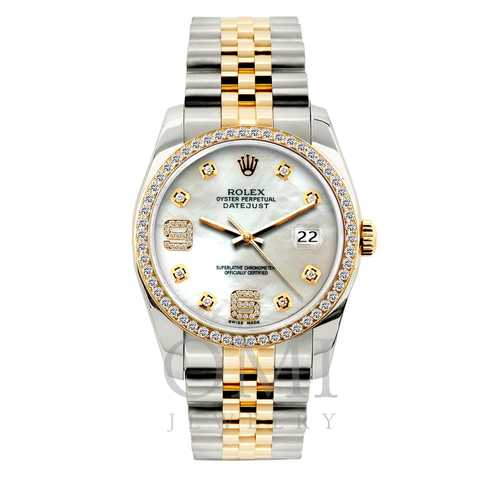 Rolex Datejust Diamond Watch, 36mm, Yellow Gold and Stainless Steel Bracelet White Mother of Pearl Dial w/ Diamond Bezel
