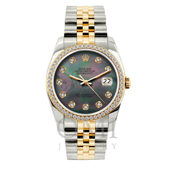 Rolex Datejust Diamond Watch, 36mm, Yellow Gold and Stainless Steel Bracelet Black Mother of Pearl Dial w/ Diamond Bezel
