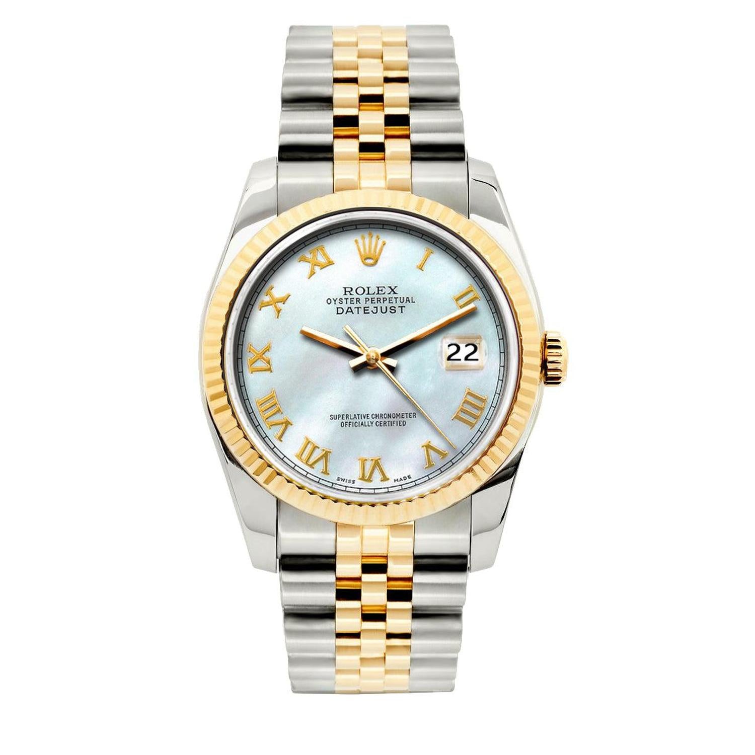 Rolex Datejust 36MM 16233 Blue Mother of Pearl Roman Dial Yellow Gold Fluted Bezel Two Tone Jubilee Bracelet