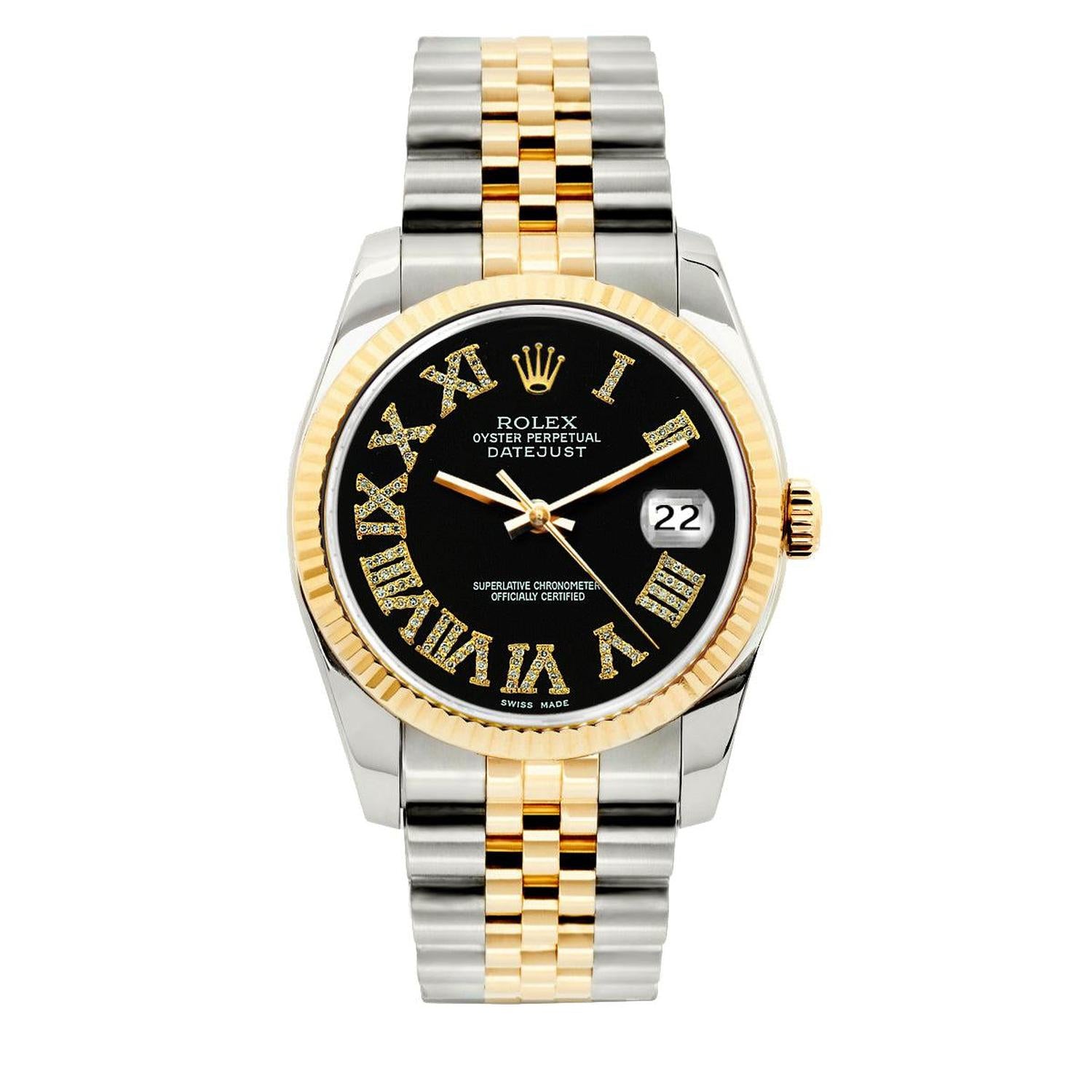 Rolex Datejust 36MM 16233 Black Roman Dial Yellow Gold Fluted Bezel Two Tone Jubilee Bracelet