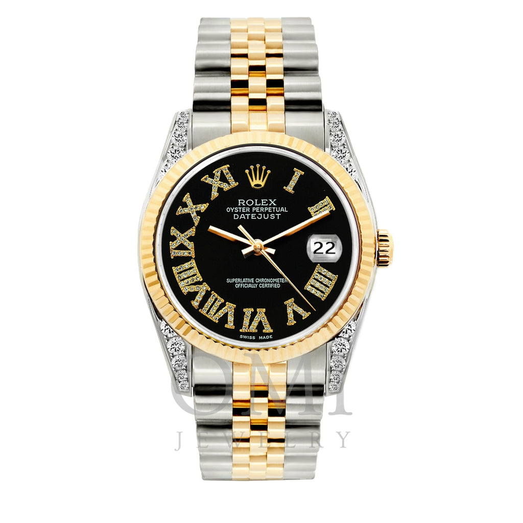 Rolex Datejust Diamond Watch, 36mm, Yellow Gold and Stainless Steel Bracelet Black Roman Dial w/ Diamond Lugs
